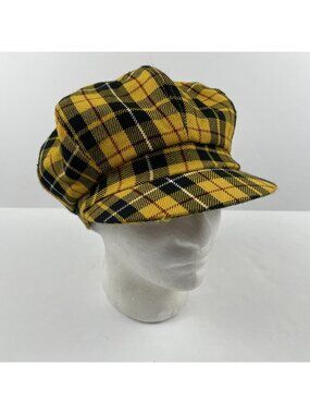 Kangol Heritage Tweed Spitfire Newsboy Cap Hat Women M Black Yellow Tartan Plaid
